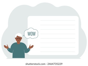 The man spread his arms to the sides. Cloud with the text WOW. Shock and surprise. Poster with place for text.