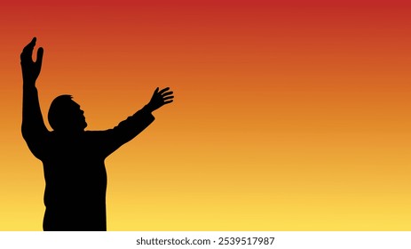 Man Spreading Arms to Enjoy Sunset or Sunrise Silhouette. People enjoying outdoor activity vector art