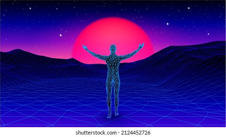 Man spreading arms and welcoming the sun in futuristic synthwave or vaporwave landscape. 80s styled retro gaming cover with human in digital world