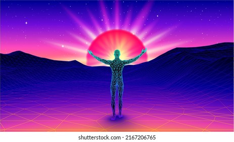 Man spreading arms and welcoming the sun in spiritual enlightment in the synthwave or vaporwave landscape. 80s styled spiritual card with shiny sunset in the modern digital world