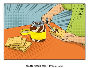 Man spreading chocolate paste on bread over table - comic book style, cartoon vector illustration.
