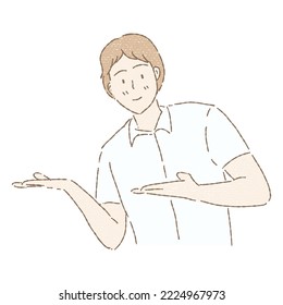 Man spreading his hands to the side to invite. Welcome gesture. Hand drawn flat cartoon character vector illustration in colored pencil texture.