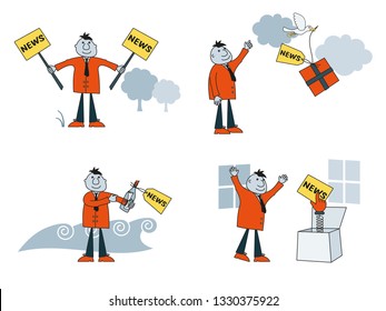 Man spreading the news using signs, carrier pigeon, message in a bottle and pop up hand on spring