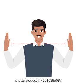 El hombre extiende los brazos y se sorprende por el tamaño del objeto. Ilustración vectorial plana aislada sobre fondo blanco