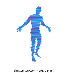 El hombre se extiende de la mano a los lados. Hombre haciendo gesto de equilibrio. Comunicación conceptual. Ilustración vectorial.