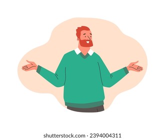 Man spreads his arms to the sides, vector illustration isolated on white background. Young male character with a red beard and mustache, wearing a green sweater. Drawn in flat cartoon style