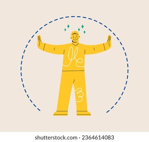 Man spreads his arms wide and marks boundaries of his space. Personal boundaries concept. Colorful vector illustration
