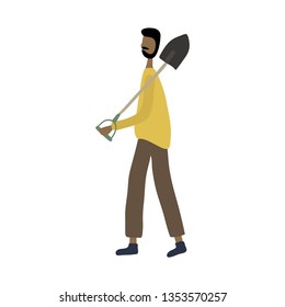 Man spring, summer gardening. Young man working with tool for gardening: planting, growing or other. Ready to doing job with shovel. Male character. Vector illustration. Flat cartoon style