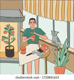 Man sprouts seeds and grows plants at home. Home crop production. Flat cartoon vector illustration.