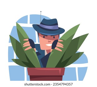 Man Spy Character Investigating Hiding Behind Plant Wiretapping Vector Illustration