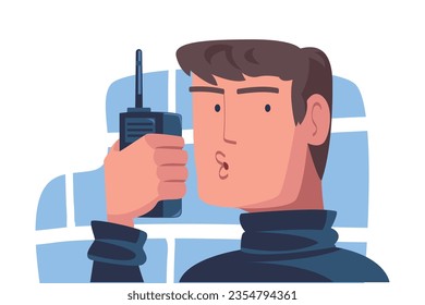 Man Spy Character Investigating Talking via Radio Transmitter Vector Illustration