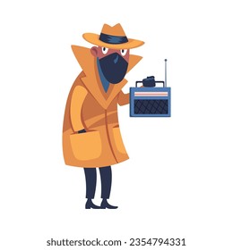 Man Spy Character in Mustard Coat and Hat Wiretapping Investigating Vector Illustration