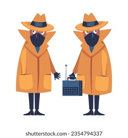 Man Spy Character in Mustard Coat and Hat Wiretapping Investigating Vector Illustration