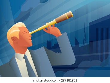 Man With Spyglass. Art Deco Vector Illustration.