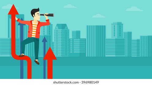 Man with spyglass on rising arrow.