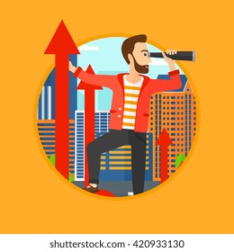 Man with spyglass on rising arrow.