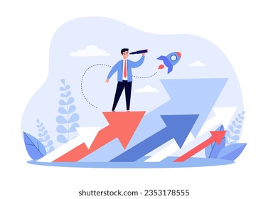 Man with spyglass standing on upward arrow vector illustration. Cartoon drawing of businessman looking for business opportunities. Achievement, growth, business, strategy, startup concept