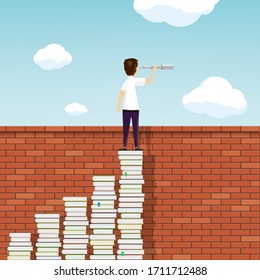 Man with a spyglass stands on a stack of books above a brick wall. Education and business development. Vector illustration