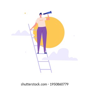 Man with a spyglass stands on the stairs. Concept of career success, motivation, achieving goals, dreaming, making plans, business. Vector illustration in flat design.