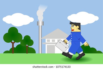 Man square style use company uniform and bag walking to work every day with nature tree and company Petrochemical.