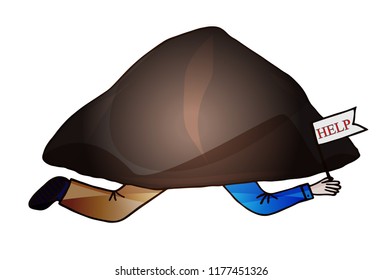 A man is squashed a stone with a flag in a hand with inscription help on the white background