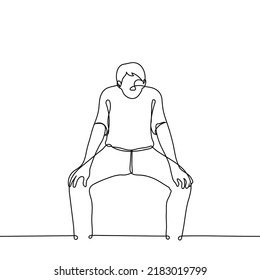 Man Squat With Legs Wide Apart Resting On Knees With Palms - One Line Drawing Vector. Concept Crouch Down To See; Stretching Or Warming Up For Leg Muscles