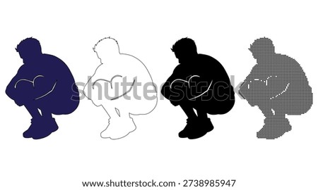 Man in Squat Position Four Styles: Silhouette, Outline, Solid Black, and Dotted