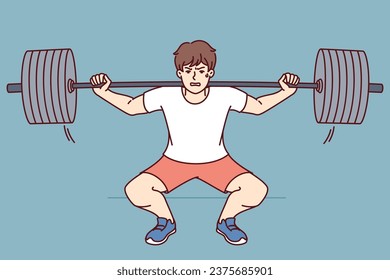 Man squats with barbell on shoulders, doing weightlifting in gym and trying to set new sports record. Guy wants to become professional bodybuilder lifts barbell to build muscle and succeed in fitness svg