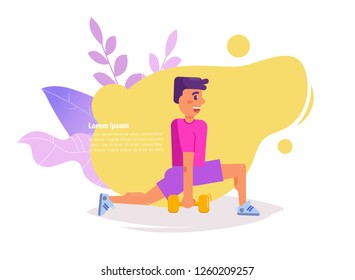 Man squats with dumbbells Vector. Cartoon. Isolated art on white background. Flat