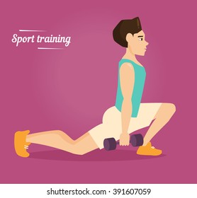 Man squats with dumbbells. Vector isolated illustration. Cartoon character