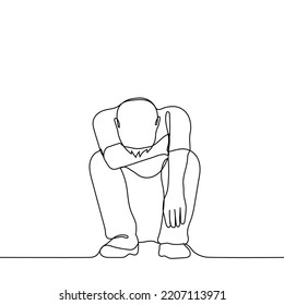 man squatting and his head down   covering his face    one line drawing vector  concept fatigue  crisis  burnout  sobs