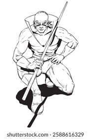 A man squatting and holding a stick wearing a warrior's outfit. Illustration in black and white and vector format.