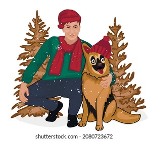 man squatting. shepherd dog in santa claus hat vector. man in winter clothes. Christmas card vector. Vector graphics. eps