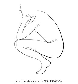 A man squatting sideways one line drawing on white isolated background. Vector illustration