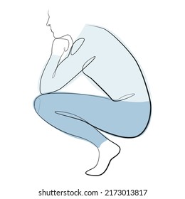Man squatting sideways one line drawing on white isolated background. Vector illustration