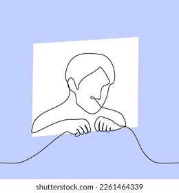 man squeezed into a small window cutely folding his hands on the windowsill - one line drawing vector. concept beggar