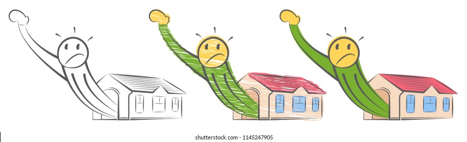 Man Squeezed Into A Very Small Apartment. One Size Doesn't Fit All. Cramped Small Place. A Giant Comes Out Of A Small House. Doodle Vector Illustration. Guy Barely Can Fit Into A Very Tiny Apartment.