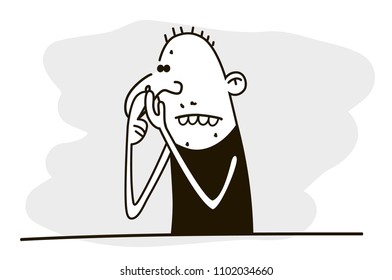Man is squeezing out pimple on his face. Funny vector.