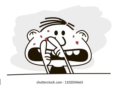 Man Is Squeezing Out Pimple On His Face. Funny Vector.