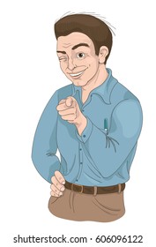 Man with squinty eye pointing finger and smiling