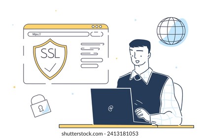 Man with SSL. Young guy sitting with a laptop, programmer IT specialist ensuring webpage security. Online protection concept. Linear doodle flat vector illustration isolated on a white background.