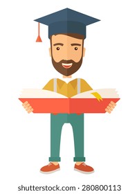 Hombre parado y leyendo un libro, con gorra de graduación, representando para graduarse en la escuela o la universidad. Un estilo contemporáneo. Ilustración de diseño plano de vectores aislada