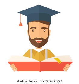 Man sstanding and reading  a book, wearing graduation cap, representing to be graduated in studying or finished school or university. A Contemporary style. Vector flat design illustration isolated