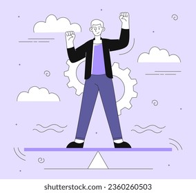 Man with stability line concept. Young guy at background of gears and coghweel. Mental health and logical thinking, cognitive abilities and processes. Linear flat vector illustration