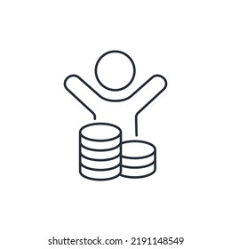 Man and stack of coins. Benefit. Profit. Vector linear icon isolated on white background.