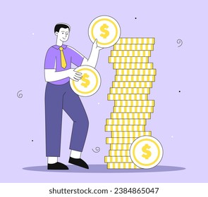 Man with stack of coins line concept. Young guy with money and cash. Currency and financial literacy. Wealth and rich person. Linear flat vector illustration isolated on violet background