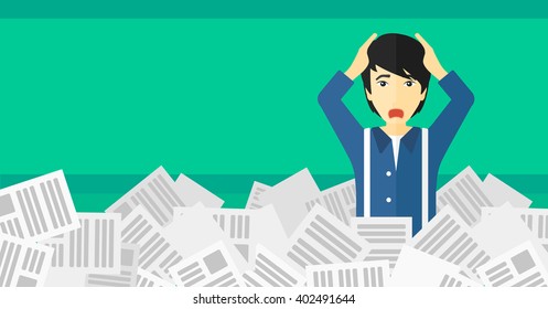 Man in stack of newspapers.