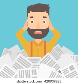 Man in stack of newspapers.