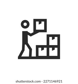 Man stacks boxes, linear style icon, warehouse, parcels. Editable stroke width