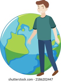 Man stading next to earth cartoon illustration
